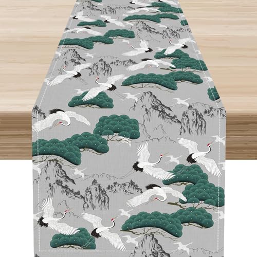 Japanese Table Runner, Cherry Blossom Asian Pine Tree Crane Birds Anime Nature Vintage Asian Oriental Chinese Elegant Table Center Decor for Home Kitchen Dining Patio Indoor Outdoor, 13"x36" Inch - color: Japanese-11, size: 13x36" Table Runner