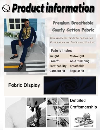 Mens African 2 Piece Sets Dashiki Metallic Traditional Suit Gold Stamp Printed Shirt and Pants Outfit - color: Navy Blue, size: Large