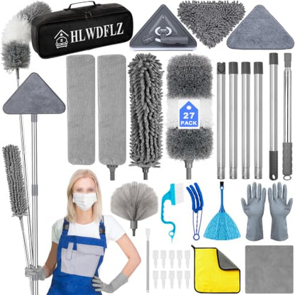 Microfiber Duster Kit 27pcs with 30 to 100 Inches Extension Pole and Wall Cleaner Mop, Washable and Bendable Feather Duster for Cleaning Ceiling Fans, High Ceilings, Cobwebs, Blinds, Grey - size: 27pcs