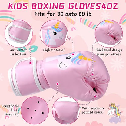 Boxing Gloves and Punching Mitts Set 4oz Gloves Boxing Pads Kids Youth Sparring Gear Training Equipment for Taekwondo Kick Karate Muay Thai MMA Martial Art - style: Pink Unicorn