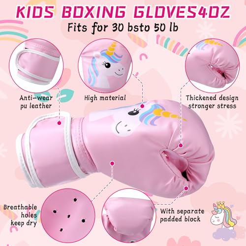Boxing Gloves and Punching Mitts Set 4oz Gloves Boxing Pads Kids Youth Sparring Gear Training Equipment for Taekwondo Kick Karate Muay Thai MMA Martial Art - style: Pink Unicorn