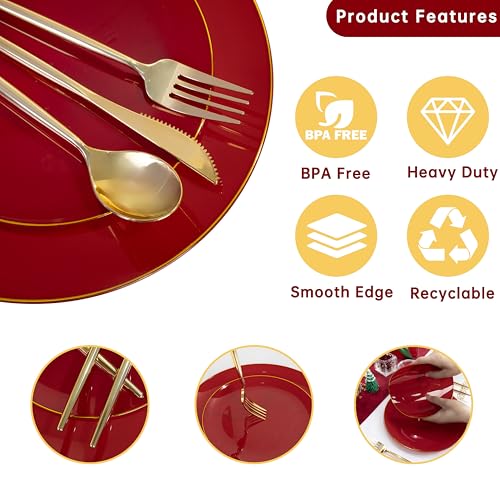 MirthMood 210pcs Red Plastic Plates,Disposable Red Gold Party Plates,Include 30 Dinner,Dessert Plate,30 Cup&30 Napkins, 90 Gold Silverware for Wedding & Party & Birthday（Plum Red） - color: Plum Red, size: 210