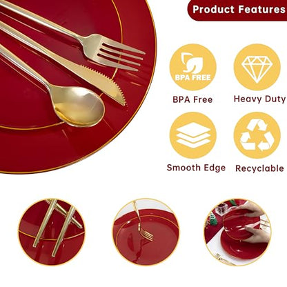 MirthMood 210pcs Red Plastic Plates,Disposable Red Gold Party Plates,Include 30 Dinner,Dessert Plate,30 Cup&30 Napkins, 90 Gold Silverware for Wedding & Party & Birthday（Plum Red） - color: Plum Red, size: 210