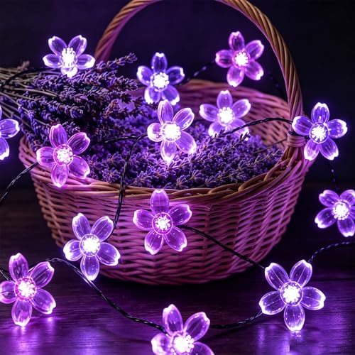Purple Flower Fairy String Lights on Black Wire, Plug in Connectable 33FT 100 LED Waterproof with 8 Modes for Indoor Outdoor Christmas, Valentine's Day, Wedding Party & Patio Balcony Ambiance - color: Purple Flower-Black Wire