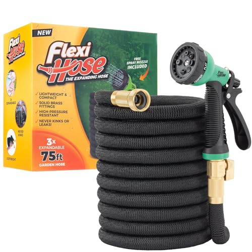 Flexi Hose with 8 Function Nozzle, 75FT - Lightweight Expandable Garden Hose, No-Kink Flexibility, 3/4 Inch Solid Brass Fittings and Double Latex Core - size: 75ft