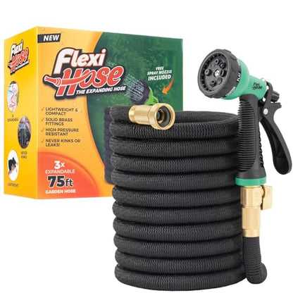 Flexi Hose with 8 Function Nozzle, 75FT - Lightweight Expandable Garden Hose, No-Kink Flexibility, 3/4 Inch Solid Brass Fittings and Double Latex Core - size: 75ft