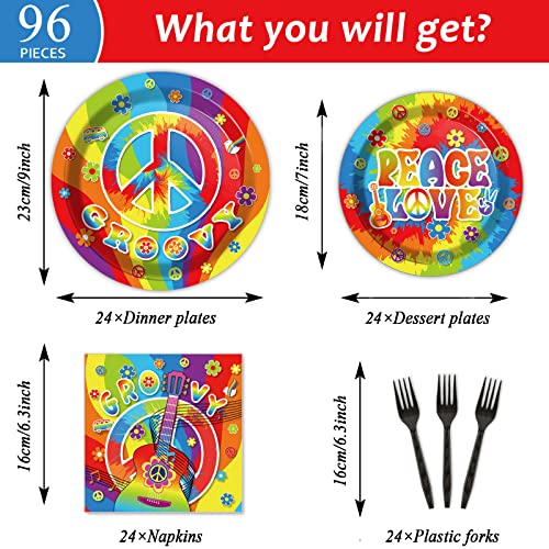 96 PCS 60’s Party Hippie Tableware Set Groovy Plates Napkins 60s Hippie Themed Decorations Peace Love Tie Dye Style 70s Disposable Paper Tableware Birthday Party Supplies Favor for 24 Guests - style: 60s Hippie