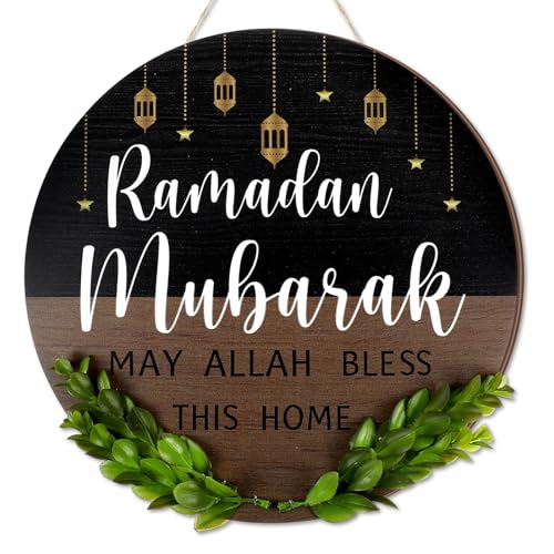 Shellwei Ramadan Door Sign for Front Door Ramadan Kareem Hanger Wreaths Eid Mubarak Wooden Hanging Decor Eid Mubarak Lantern Welcome Sign for Front Porch Wall Pediments Decorations