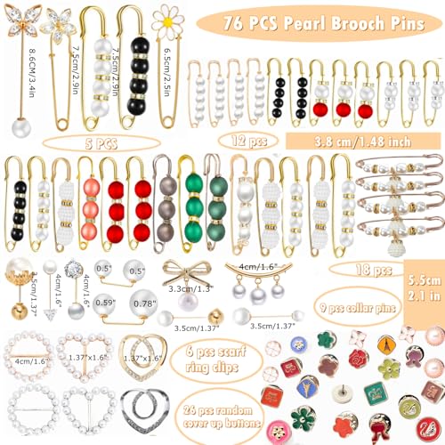 76 Pcs Pearl Brooch Pins Set, Scarf Ring Clips and Sweater Safety Pins