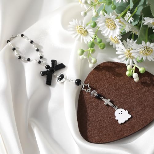 Halloween Car Rearview Mirror Charm - Y2K Gothic Cute Ghost Pendant Beaded Hanging Charms, Coquettte Black Bowknot Cars Decor, Interior Ornament Gift for Women Men Driver - style: Ghost
