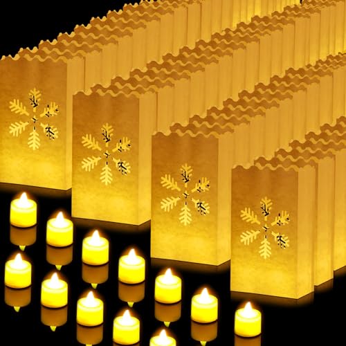 Sabary 50 Sets Luminary Bags with Flameless Tea Lights Outdoor Luminaries LED Lantern Candle Bags for Wedding Birthday Ramadan Christmas Party Decorations Romantic Decor(Snowflake) - style: Snowflake