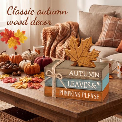 4 Pcs Fall Decorations for Home Rustic Autumn Wooden Maple Leaves Book Stack Block Sign Decorative Fall Tiered Tray Decor Thanksgiving Table Centerpiece for Harvest Office Kitchen Shelf Indoor - style: Maple Leaves