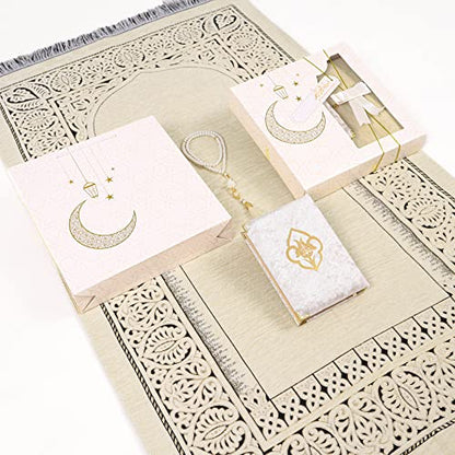 IEF Muslim Prayer Rug Islamic Prayer Mat Quran Prayer Beads Gift Set, Ramadan Eid Gifts, Birthday Gifts for Women, Mothers Day Gifts, Velvet Prayer Rug Arabic Quran Pearl Tasbeeh - color: Beige with Bag