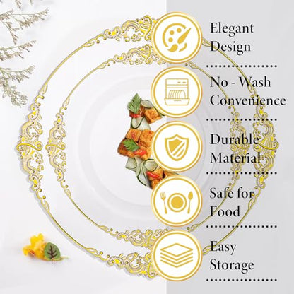Nervure 175PCS Clear Gold Plastic Plates - Gold Disposable Dinnerware Set for 25 Guests Include 50 Disposable Plates, 75 Plastic Silverware, 25 Cups, 25 Napkins for Wedding & Party - color: Clear, style: 175Pcs(25Guests)