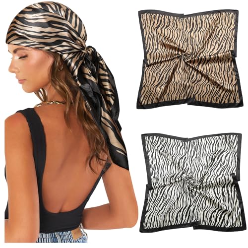 AWAYTR 35” Large Satin Square Head Scarf - 2Pcs Silk Like Floral Head Scarves Square Satin Hair Scarf Bandanas for Women - color: Stripe Printing
