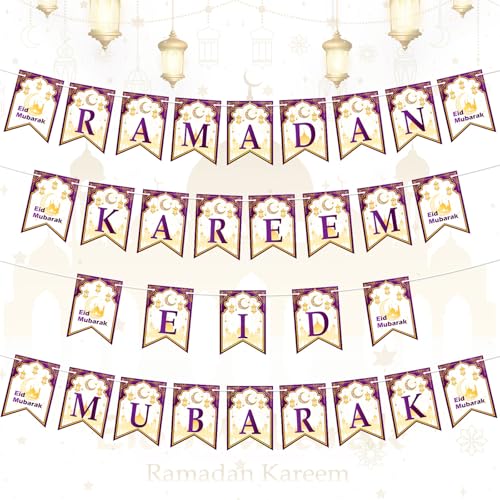 4pcs Ramadan Decorations for Home Ramadan & Eid Mubarak Banner Set – 2 in 1 Ramadan Decoration with Moon, Mosque & Lantern – Purple & White Party Decor for Wall, Door, Fireplace - color: Purple-White