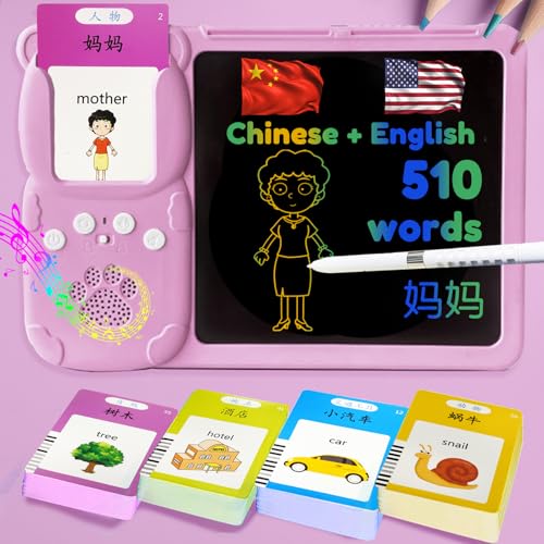 Writing Tablet with Bilingual Flash Cards for Kids, Chinese Pink - color: Chinese, size: Pink