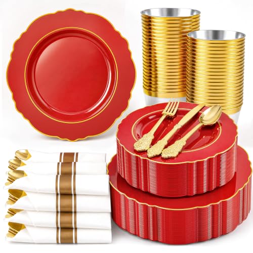 Liacere 350PCS Red Plastic Plates - Red Disposable Plates With Gold Rim - 50Guest Baroque Plastic Dinnerware include 100Plates-50Pack Pre Rolled Napkins with Silverware 50Cups for Independence Day - color: Christmas Red
