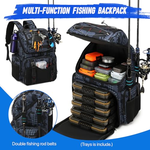 Fishing Backpack, 45L Large Cooler Fishing Tackle bag with Rod Holders & Rain Cover, Water-resistant Store Gear(With 4 Tackle Boxes) - color: Black Camo(With 4 Tackle Boxes)