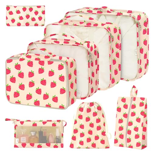 8 Set Packing Cubes for Suitcases,Packing Cube with Shoe, Cosmetics, Clothing, and Accessories Bags Packing Cubes for Travel Luggage Organizer Women Men(8 Set Strawberry) - color: Strawberry