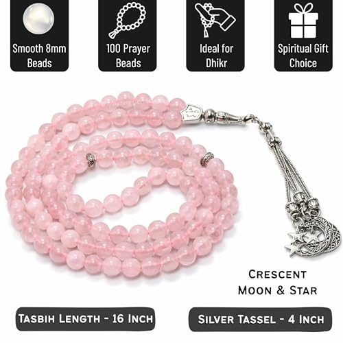 Amazing Gemstone Rose Quartz Tasbeeh with Moon and Star Charm - Certified Crystal Muslim Prayer Beads Natural Gemstone Tasbih Gift for Ramadan Dhikr and Daily Namaz (S) - color: Rose Quartz