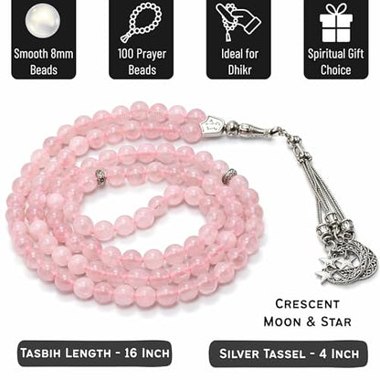 Amazing Gemstone Rose Quartz Tasbeeh with Moon and Star Charm - Certified Crystal Muslim Prayer Beads Natural Gemstone Tasbih Gift for Ramadan Dhikr and Daily Namaz (S) - color: Rose Quartz