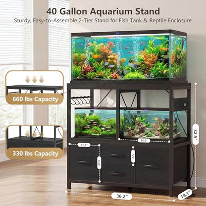 Heybly 30-40 Gallon Fish Tank Stand, Aquarium Stand with Drawer, Power Outlet, Heavy Duty Metal Frame, for Fish Tank, Turtle & Reptile Terrarium, 36.2" L × 18.1" Top, 660lbs (Top)+330lbs(Mid), Black HAS004BK - color: Black, size: 40 gal