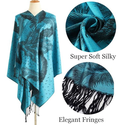 Reversible Paisley Pashmina Rave Scarf Shawl-Soft Silky Pashmina Wraps for Women Evening Dresses - color: D#.turquoise