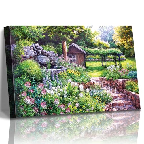 STUDIO HAVEN Thomas Kinkade Canvas Wall Art, Garden Cottage Stone Pathway Fountain Lush Blooms and Tranquil Retreat Oil Painting Poster Rustic Wall Decor, Framed Prints for Home Decor, 16x12Inch - color: Thomas017, size: 16"L x 12"W