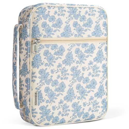WOBAGMEN Bible Cover Case for Women,Cordoury Bible Cover with Handle,Blue Floral Bible Book Cover,Carrying Case Bible Protective Christian Gift(Cute Blue Floral, M) - color: Cute Blue Floral, size: M