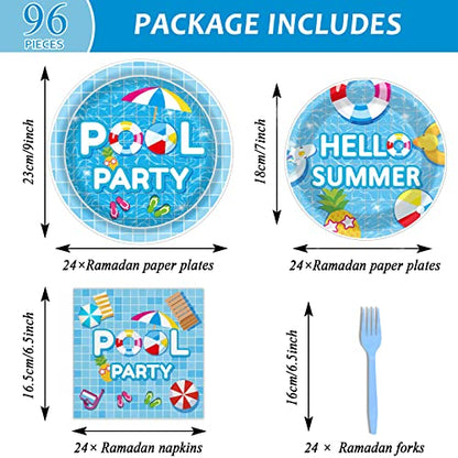 96 Pieces Pool Party Tableware Set for Summer Beach Table Decorations Supplies Beach Ball Birthday Dessert Plates Summer Pool Party Napkins Forks for 24 Guests Hawaiian Pool Birthday Party Favors - style: Pool Party