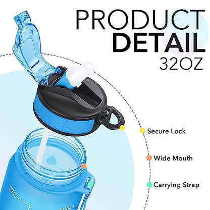 Hyeta Water Bottle with Straw & Time Marker, Plastic 32oz Leakproof | Motivational Tritan BPA Free Gym Office Outdoor Intake Tracker Hourly Reminder Straw Lid Carry Strap - color: Starsky