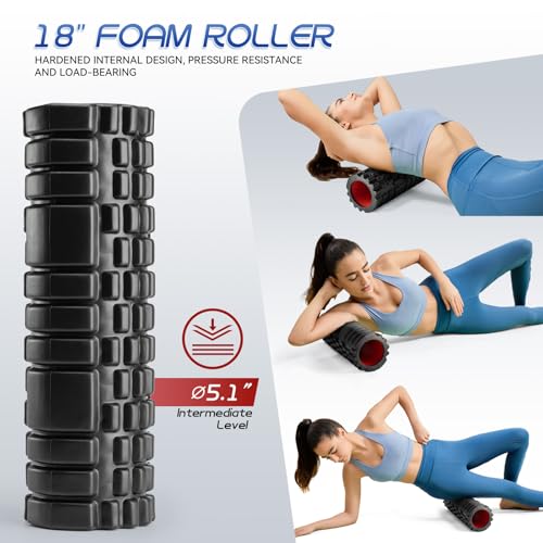 Krightlink 5-in-1 Foam Roller Set, Massage Roller Stick, Massage Ball, Resistance Band for Deep Muscle Massage, Trigger Point Release, Pilates, Yoga (Black-18(2 in 1)) - color: Black-18"(2 in 1)