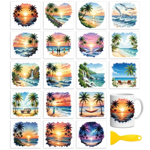 Peacoblue Seaside Summer Rub On Transfers for Craft, Transfer Sticker | 18 Sheets UV DTF Transfers, Waterproof Rub On Decals for Wood, Glass, Furniture, Tumblers & Home Decor Crafts - style: Seaside Summer Scenery