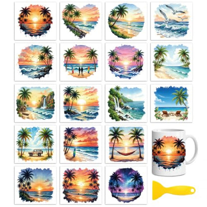 Peacoblue Seaside Summer Rub On Transfers for Craft, Transfer Sticker | 18 Sheets UV DTF Transfers, Waterproof Rub On Decals for Wood, Glass, Furniture, Tumblers & Home Decor Crafts - style: Seaside Summer Scenery