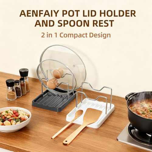 2 in 1 Pot Lid Holder & Spoon Rest for Kitchen Counter, Plastic Utensil Rest with Stainless Steel Pan Lid Holder Organizer While Cooking, Countertop Space Saving Pot Cover Rack | Easy to Clean - color: White- 1 Pack