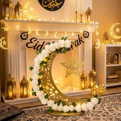 Novabright 27.5 in Eid Mubarak Stand Moon Light Decor LED Large Ramadan Lanterns Decorations Lighted Moon Shaped Wreaths for Muslim Home Office Bedroom Floor Yard Lawn Islamic Outdoor Decor