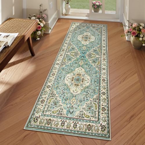 Lahome Felice Floral Medallion Runner Rug - 2x5 Laundry Rug Runner Soft Non-Slip Washable Low-Pile Bathroom Mat, Indoor Throw Floor Carpet Runners for Kitchen Entryway Bedroom RV, Sky/Baby Blue - color: Sky/Baby Blue, size: 2' x 5' (Runner)