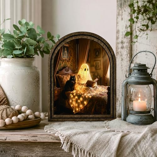 Reading Ghost Arched Decor, Halloween Cat Table Sign, 5.9x7.9 - color: Reading Ghost