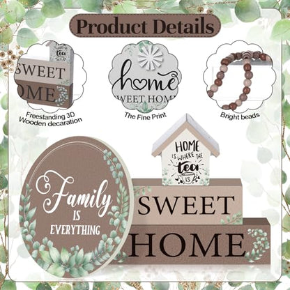 Yousoontic 7 Pcs Home Sweet Home Wooden Table Decorations, Farmhouse Tiered Tray Decor Rustic, Wood Block Signs Table Centerpieces Bead Garland for Kitchen Tabletop Housewarming - style: Home Sweet Home