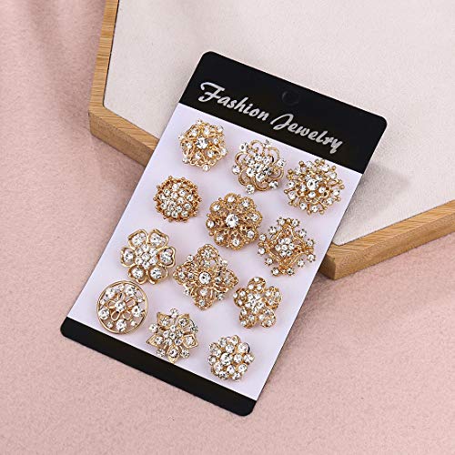 Lot 12pc Small Size Rhinestone Crystal Flower Brooches Pins Set DIY Wedding bridal Bouquet Women Broaches - color: Gold