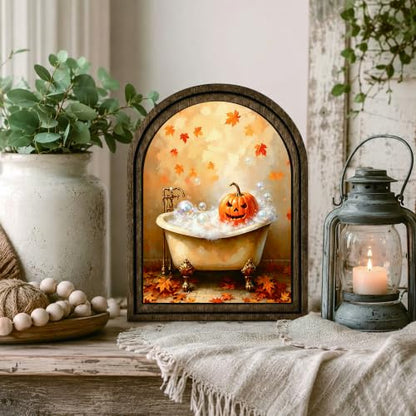 Halloween Pumpkin Bath Arched Table Sign, Rustic Farmhouse Decor - color: Pumpkin Bathtub