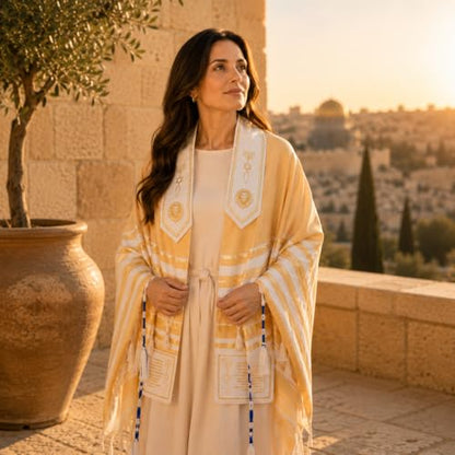 The Holy Promise Messianic Prayer Shawl-72 x22 Christian Tallit with Biblical Verses-Includes Carrying Bag - color: Gold/Beige