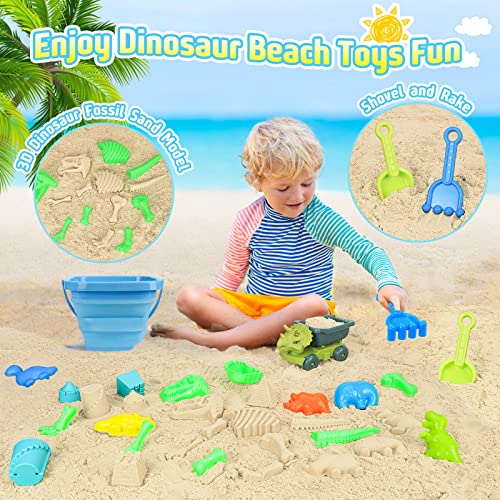 FUSPWEAO Beach Toys with Dump Truck, Collapsible Bucket for Kids Ages 3-12 | Dinosaur Sand Play Set with Sand Molds, Travel Mesh Bag for Sandbox, Backyard, Summer Beach Games, Multi-Scene Outdoor Fun