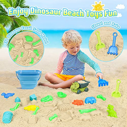 FUSPWEAO Beach Toys with Dump Truck, Collapsible Bucket for Kids Ages 3-12 | Dinosaur Sand Play Set with Sand Molds, Travel Mesh Bag for Sandbox, Backyard, Summer Beach Games, Multi-Scene Outdoor Fun