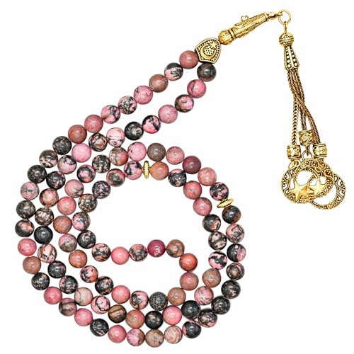Amazing Gemstone Crystal Tasbeeh with Moon and Star Charm - Certified Crystal Muslim Prayer Beads Natural Gemstone Tasbih Gift for Ramadan Dhikr and Daily Namaz (G) - color: Rhodonite