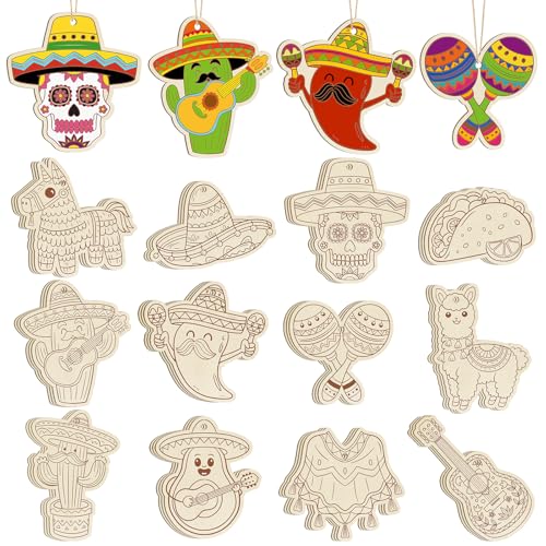 36피스 나무 Cinco De Mayo 공예 장식 멕시코 공예 아동용 피에스타 파티 장식품, 12가지 스타일 DIY 빈 미완성 컷아웃 나무 걸이 멕시코 테마 카니발 타코 생일 파티용 - color: 할로우 선인장