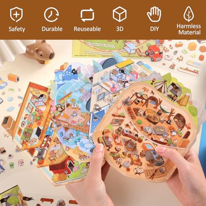 Girls 3D Miniature Scene Stickers, 4 Sets World Adventure DIY House Stickers for Space, Caves, Farms, Underwater World, Cute 3D Cartoon Sticker Scenes for Adult Kids Relief Stress Pass The Time - style: Adventure World