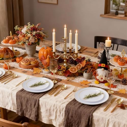 MirthMood 350Pcs White and Gold Dinnerware Set,Plastic plates Includes:50 Dinner Plates, 50 Dessert Plates, 150 Gold Plastic Cutlery,50 Paper Towels & 50 Cups for Party&Wedding - color: White, size: 350