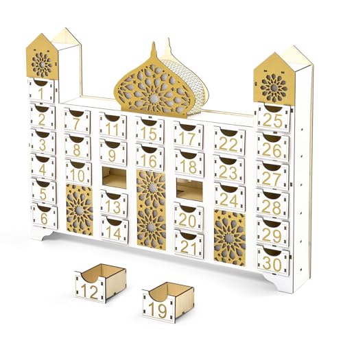 Wooden Ramadan Countdown Calendar, Eid Mubarak Advent Calendar with Drawer, Mosque Shaped Fillable Muslim Ramadan Decoration for Home Holiday Tabletop Decor Gift Party Supply